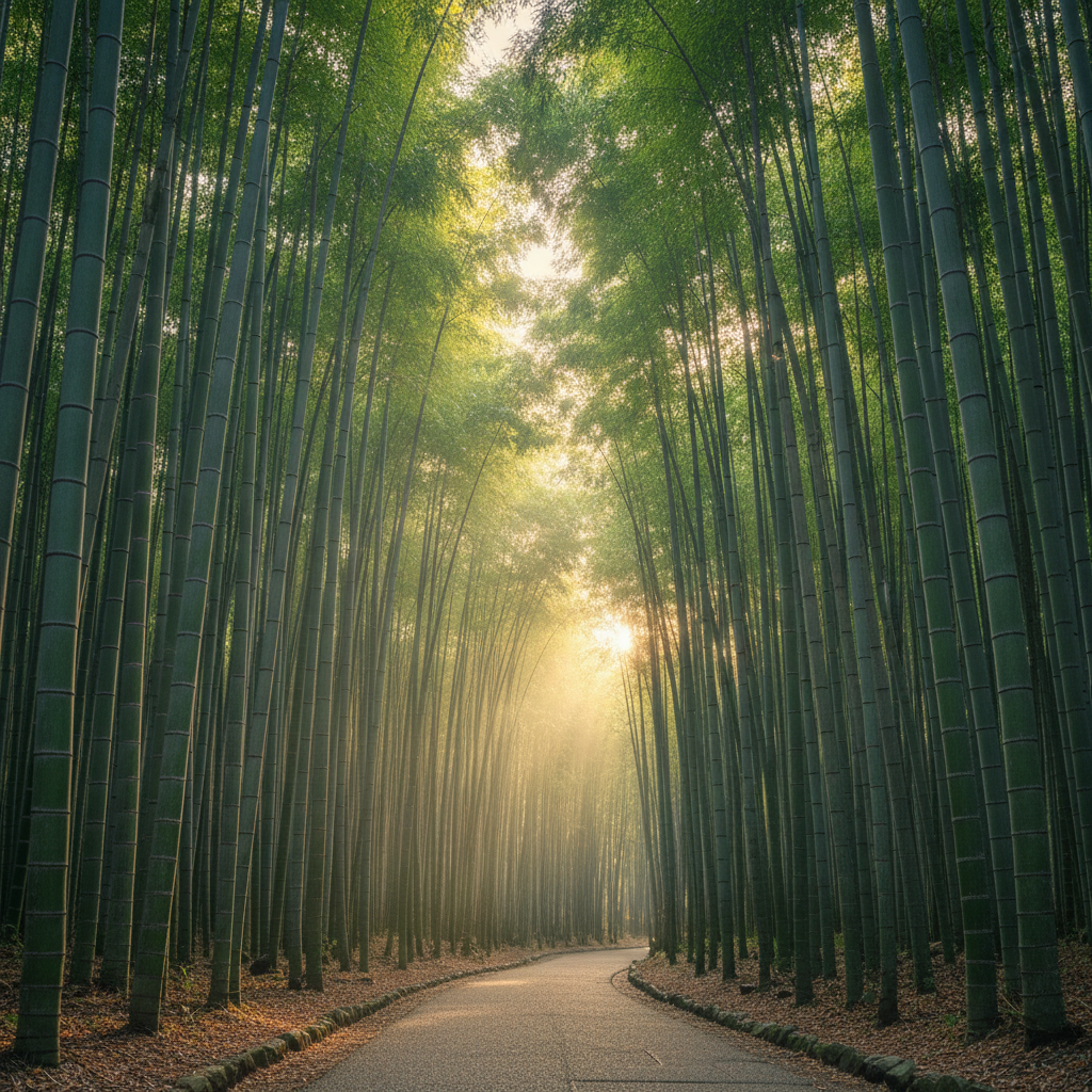 교토 아라시야마 대나무 숲의 고요한 풍경, 대나무 사이로 스며드는 부드러운 아침 햇살과 정교한 질감, 4k 해상도의 시네마틱한 분위기