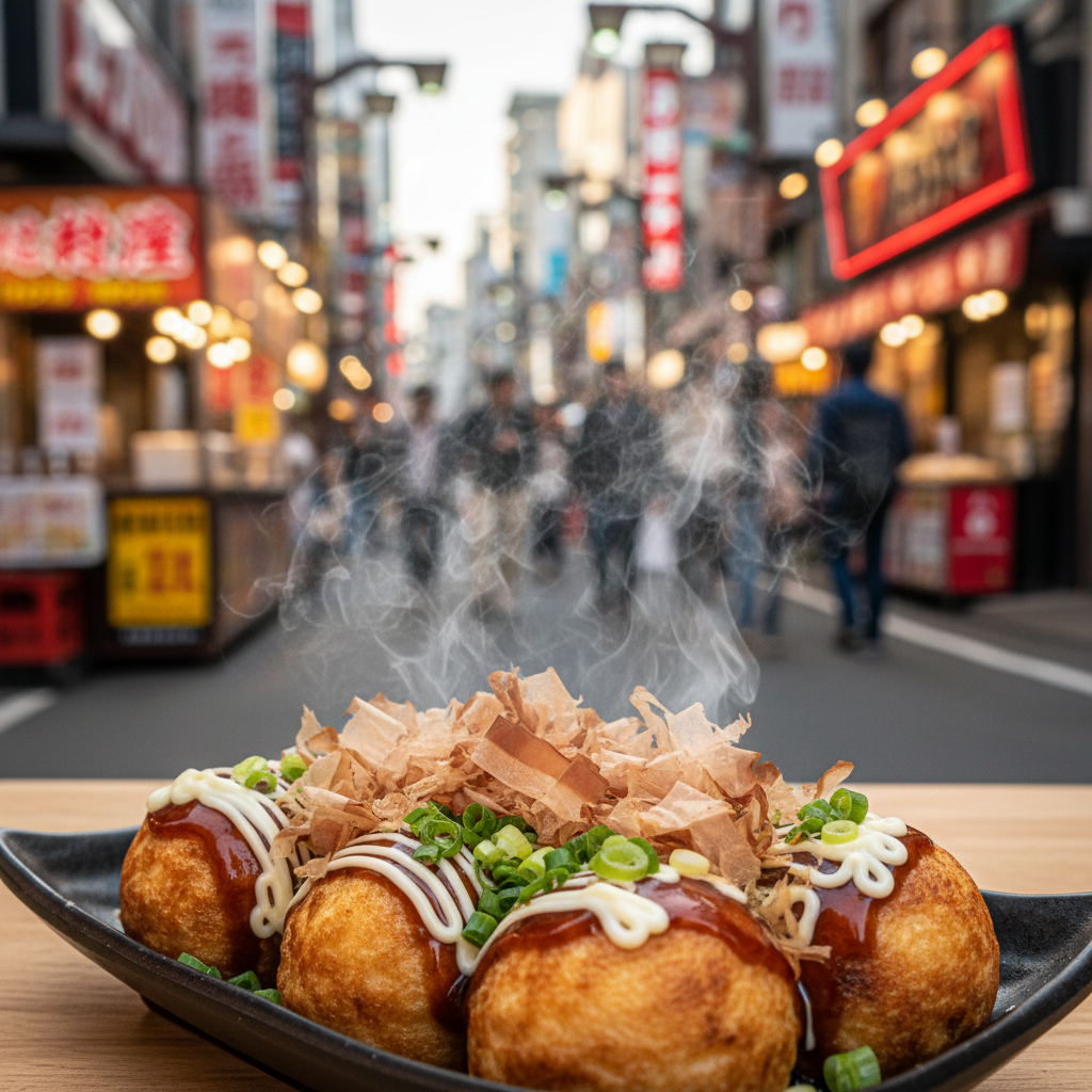 오사카 도톤보리의 활기찬 길거리 음식 풍경, 갓 구워낸 타코야끼 위에서 춤추는 가쓰오부시와 김이 모락모락 나는 디테일