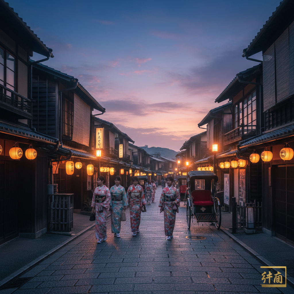 오래된 목조 가옥이 늘어선 교토 기온 거리의 황혼, 기모노를 입은 행인과 따뜻한 오렌지빛 제등이 만드는 고즈넉한 정취