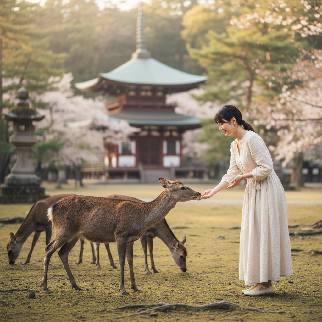 나라 공원에서 사슴과 교감하는 평화로운 순간, 고대 사찰을 배경으로 한 자연스러운 빛과 부드러운 아웃포커싱