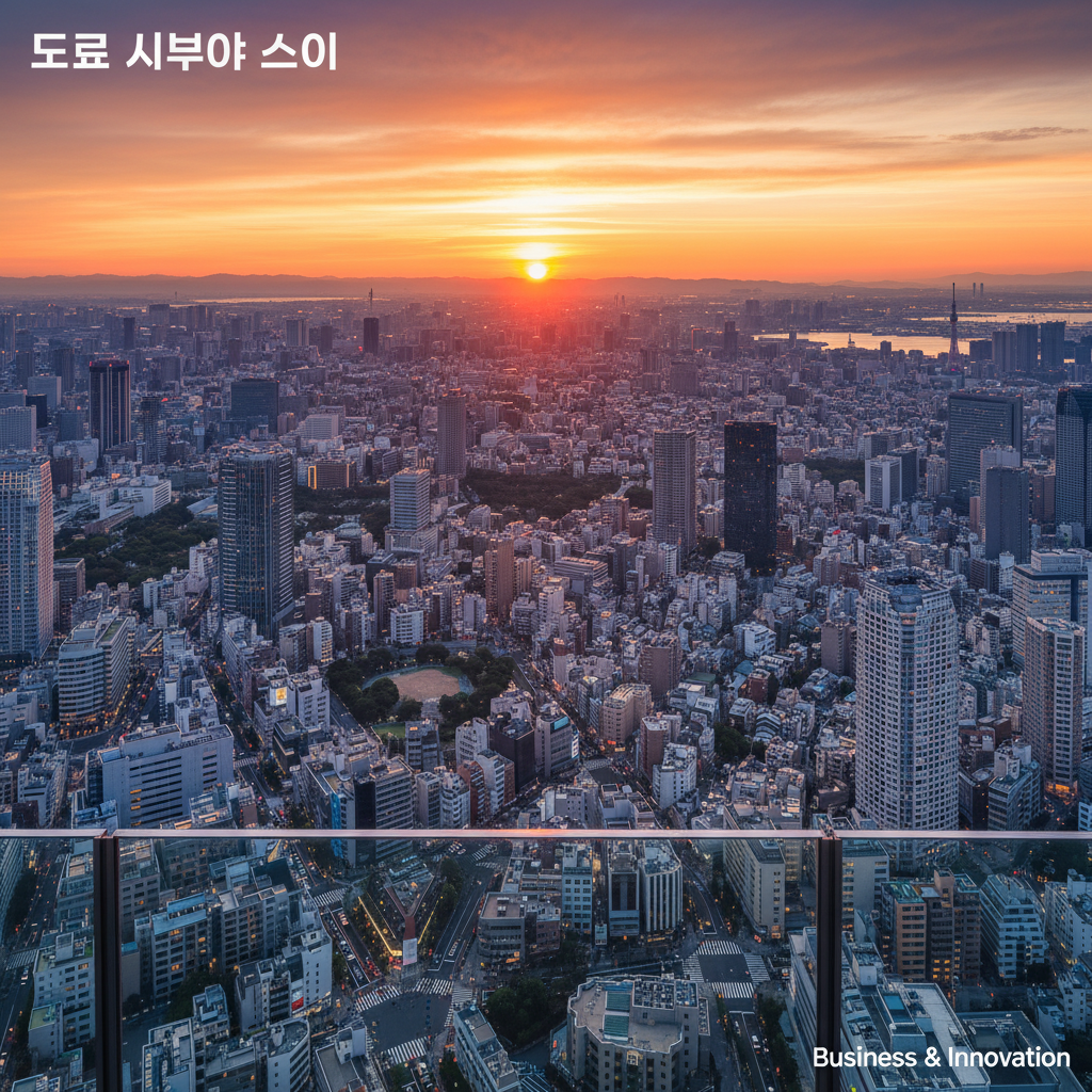 도쿄 시부야 스카이에서 바라본 일몰 시간의 도시 전경, 수평선 너머로 저무는 해와 끝없이 펼쳐진 도시의 스카이라인